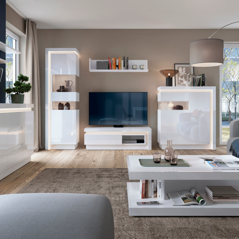 Lyon Tall Narrow Display Cabinet (RHD) (including LED lighting) in White and High Gloss — detail view