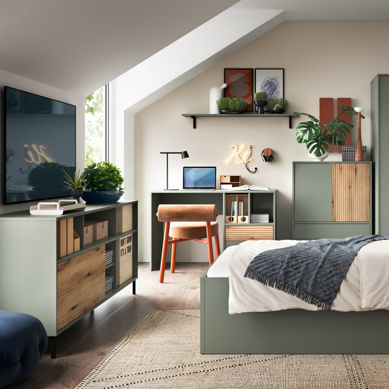 Darwin TV Cabinet 1 Door 73cm High in Green/Oak — detail view