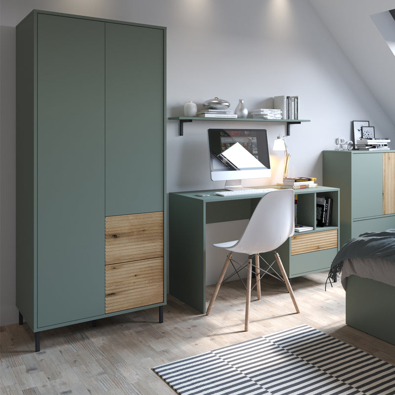 Darwin Wardrobe 2 Door 2 Drawer in Green/Oak — detail view