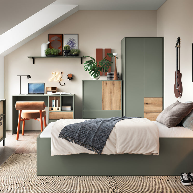 Darwin Wardrobe 2 Door 2 Drawer in Green/Oak — alternative angle