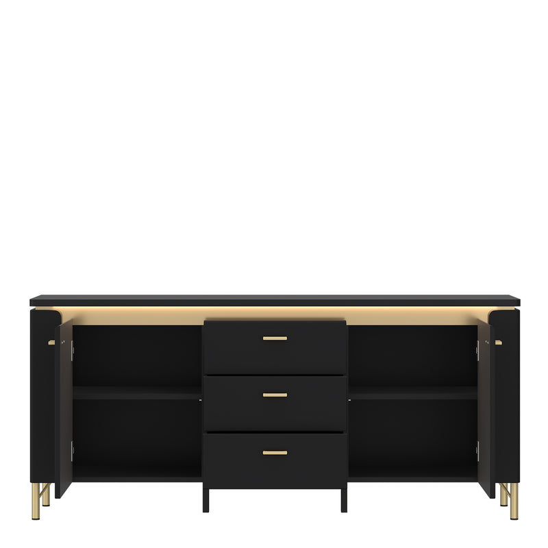 Genoa TV Cabinet 2 Door 3 Drawer 155cm Wide in Black Matt/Gold — side angle