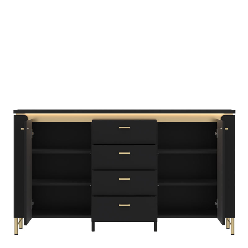 Genoa Sideboard 2 Door 4 Drawer in Black Matt/Gold — side angle