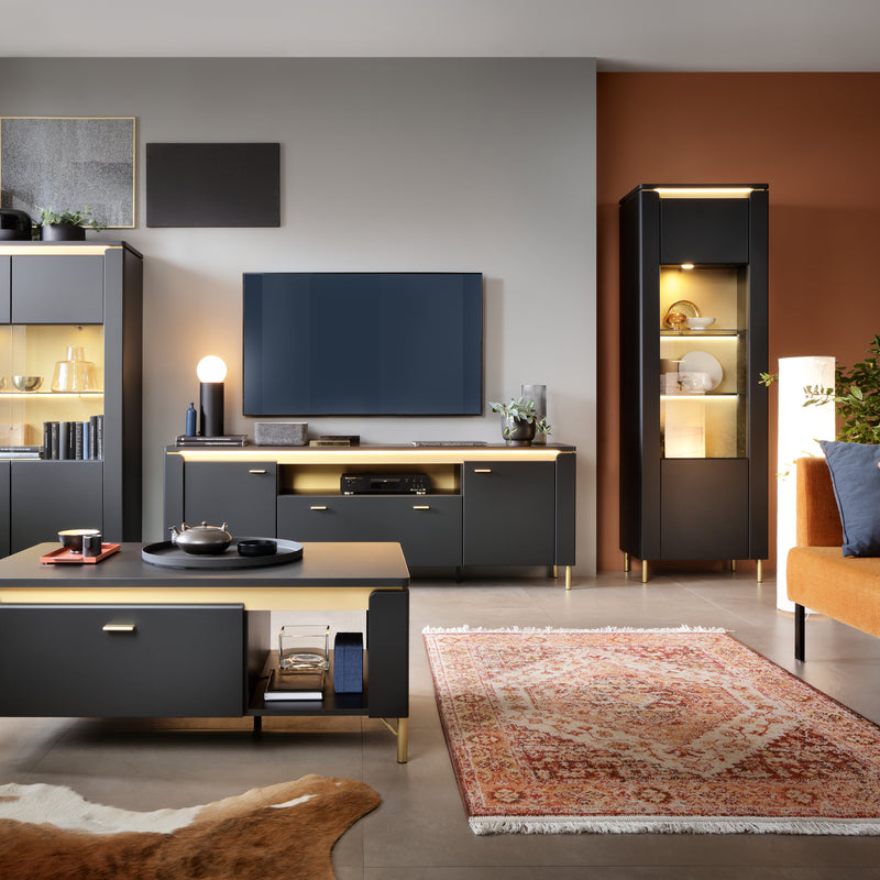 Genoa Vitrin 1 Door in Black Matt/Gold — lifestyle setting