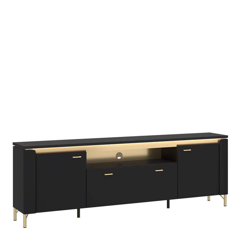 Genoa TV Cabinet 2 Door 1 Drawer 200cm Wide in Black Matt/Gold — front view
