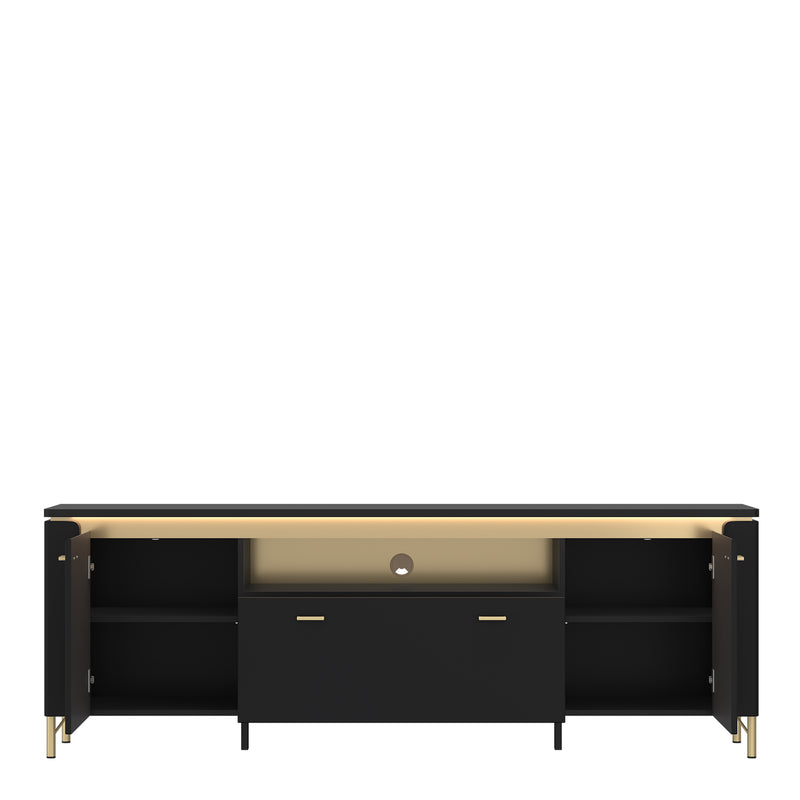 Genoa TV Cabinet 2 Door 1 Drawer 200cm Wide in Black Matt/Gold — side angle