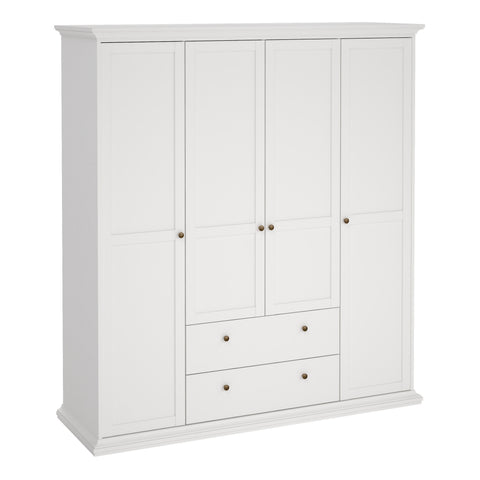 Paris Wardrobe with 4 Doors and 2 Drawers in White — front view