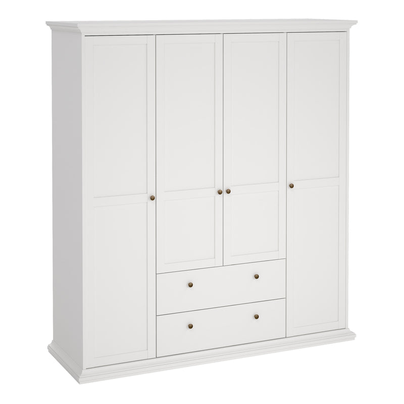 Paris Wardrobe with 4 Doors and 2 Drawers in White — front view