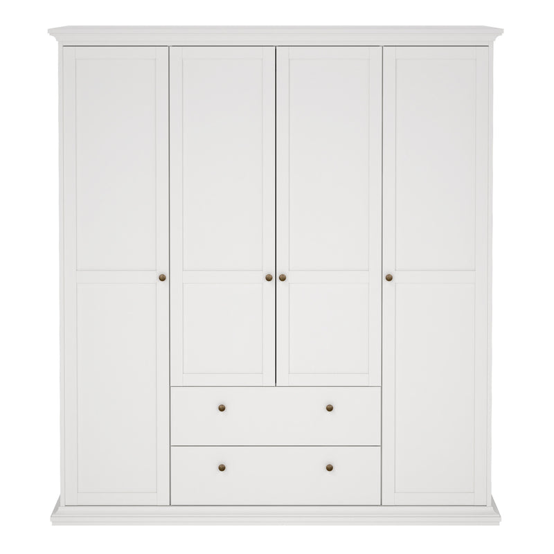 Paris Wardrobe with 4 Doors and 2 Drawers in White — side angle