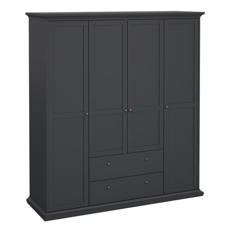 Paris Wardrobe with 4 Doors and 2 Drawers in Matt Grey — front view