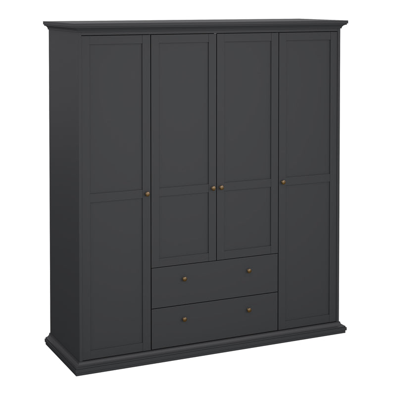 Paris Wardrobe with 4 Doors and 2 Drawers in Matt Grey — front view