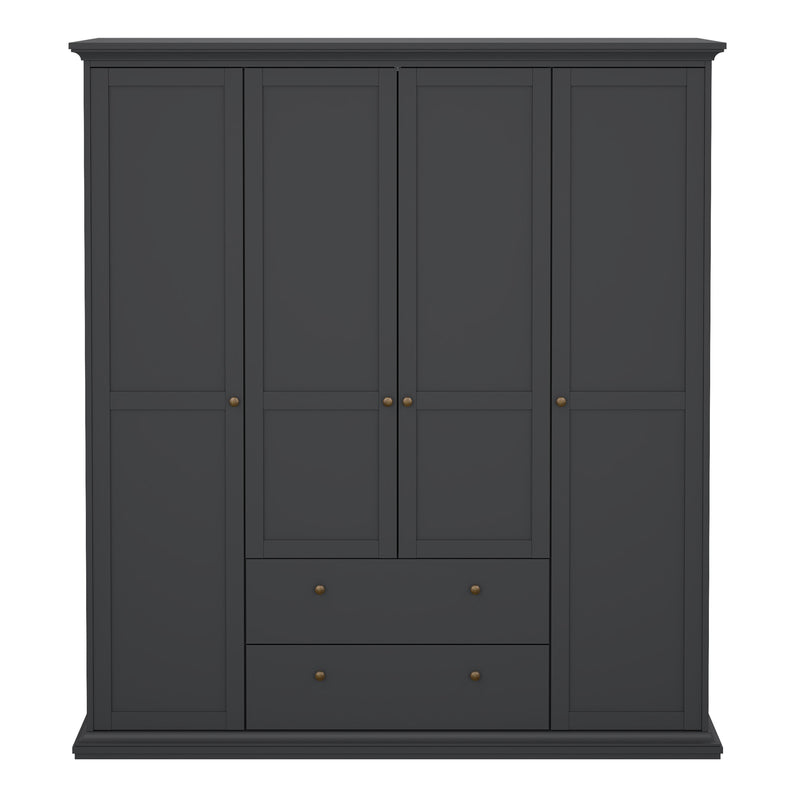Paris Wardrobe with 4 Doors and 2 Drawers in Matt Grey — side angle