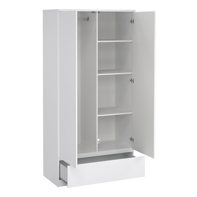 Naia Wardrobe with 2 Doors 1 Drawer in White High Gloss — alternative angle