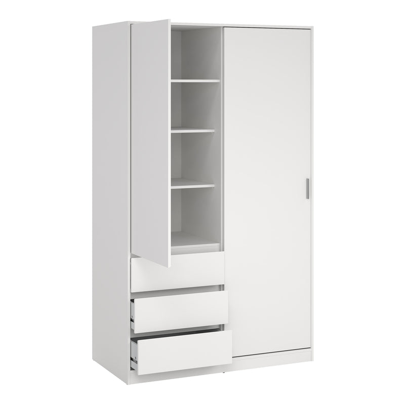 Naia Wardrobe with 1 Sliding Door and 1 Door + 3 Drawers in White — alternative angle