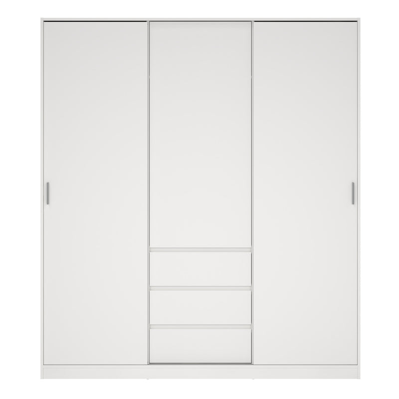 Naia Wardrobe with 2 Sliding Doors + 1 Door + 3 Drawers in White — side angle