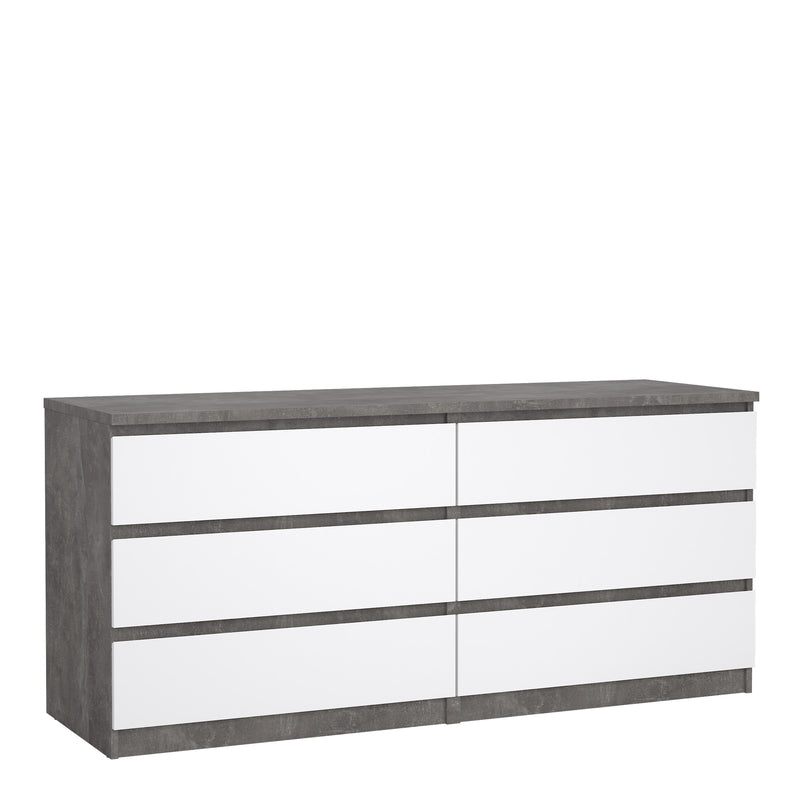 Naia Wide Chest of 6 Drawers (3+3) in Concrete and White High Gloss — front view