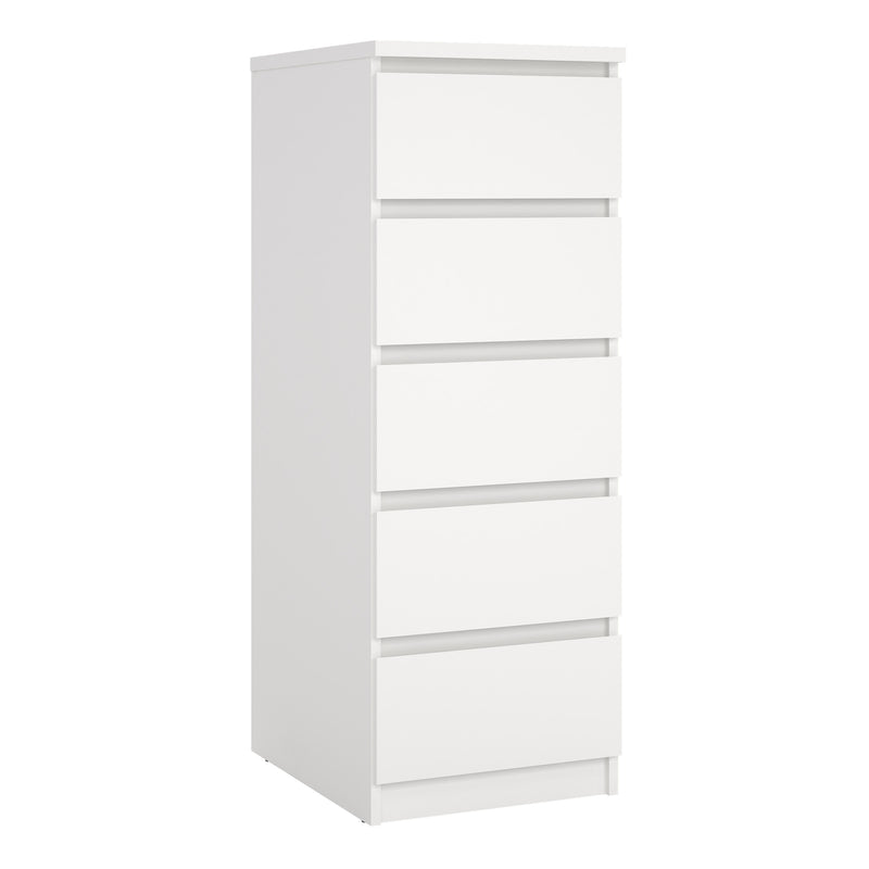 Naia Narrow Chest of 5 Drawers in White — front view