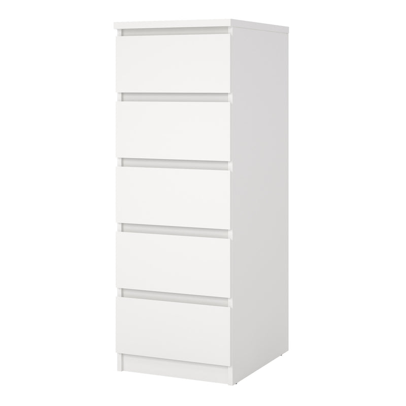 Naia Narrow Chest of 5 Drawers in White — detail view