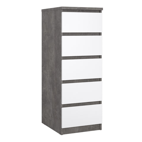Naia Narrow Chest of 5 Drawers in Concrete and White High Gloss — front view