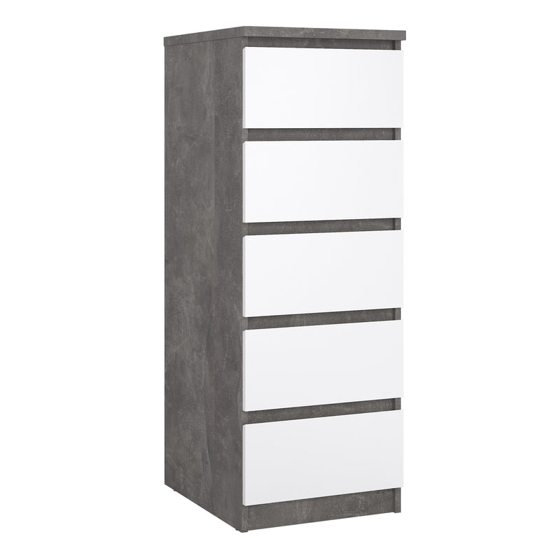 Naia Narrow Chest of 5 Drawers in Concrete and White High Gloss — front view