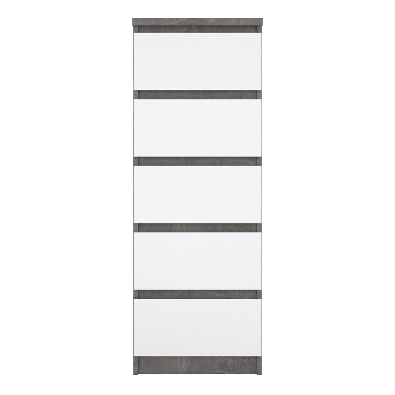 Naia Narrow Chest of 5 Drawers in Concrete and White High Gloss — side angle