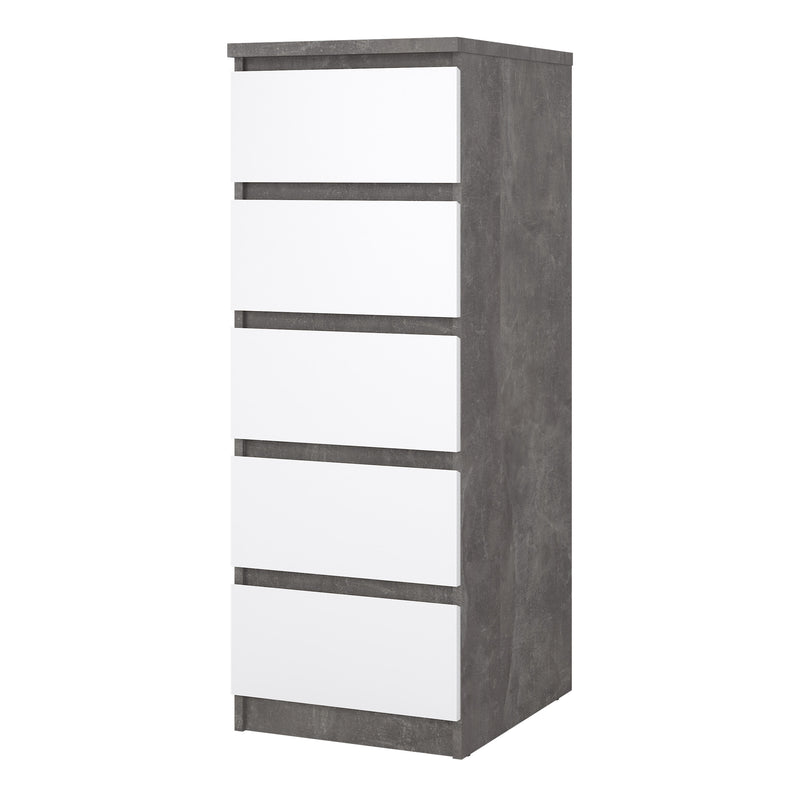 Naia Narrow Chest of 5 Drawers in Concrete and White High Gloss — detail view