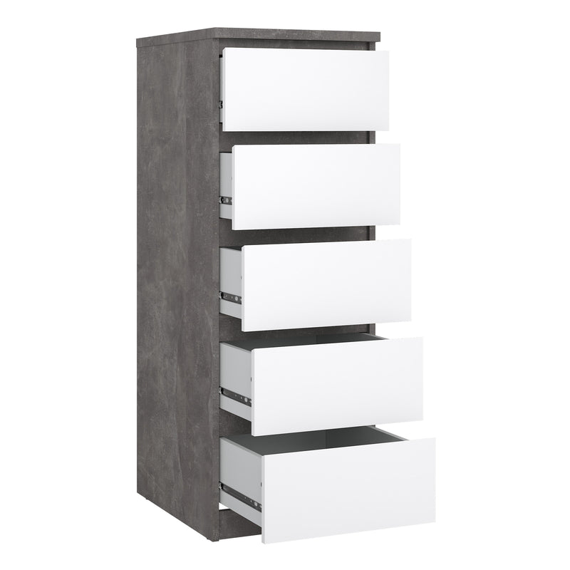 Naia Narrow Chest of 5 Drawers in Concrete and White High Gloss — alternative angle