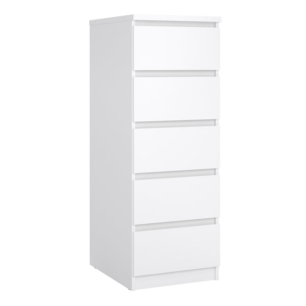 Naia Narrow Chest of 5 Drawers in White High Gloss