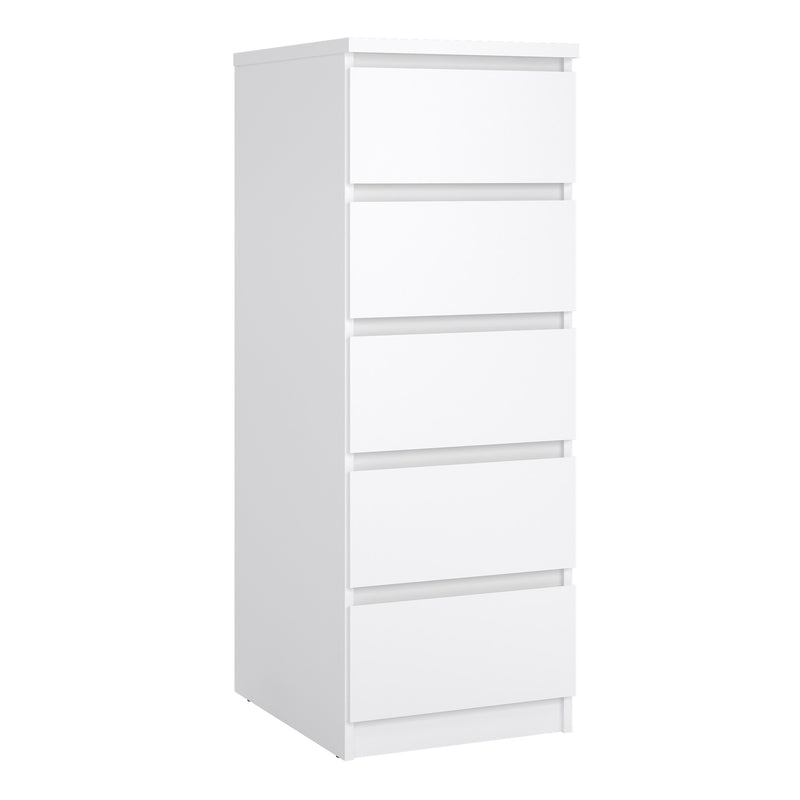 Naia Narrow Chest of 5 Drawers in White High Gloss — front view