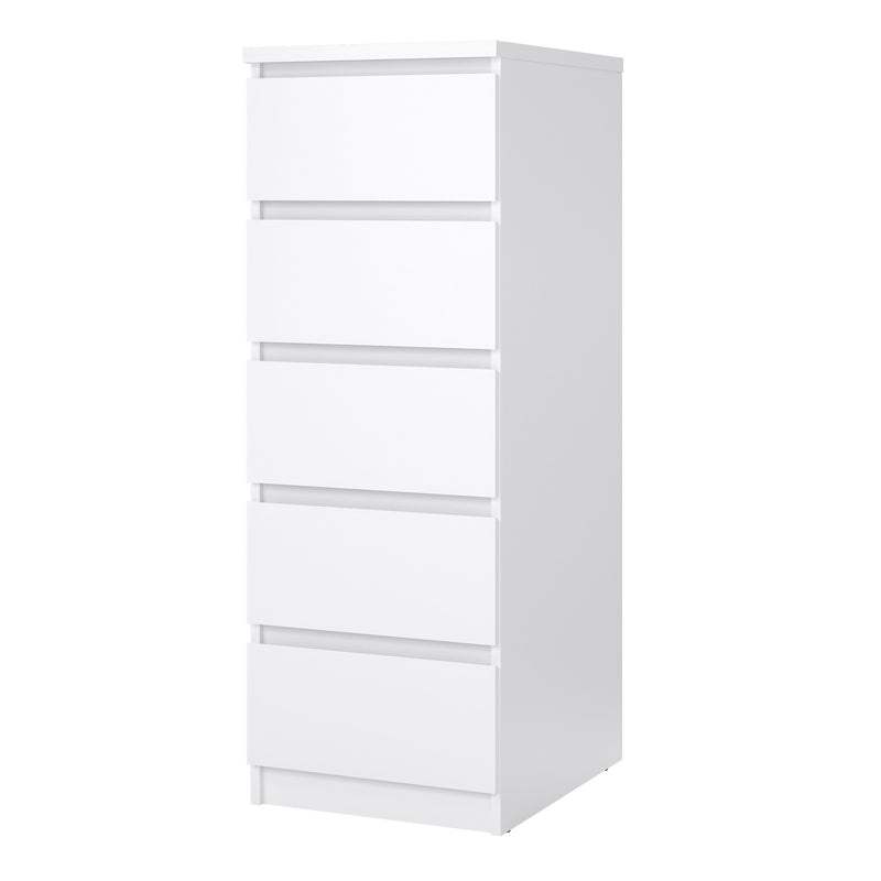 Naia Narrow Chest of 5 Drawers in White High Gloss — detail view