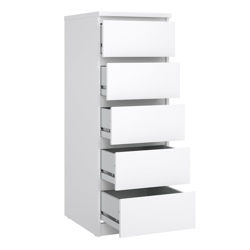 Naia Narrow Chest of 5 Drawers in White High Gloss — alternative angle