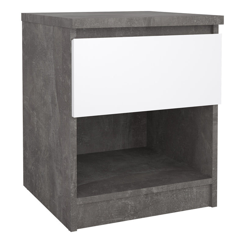 Naia Bedside 1 Drawer 1 Shelf in Concrete and White High Gloss — front view