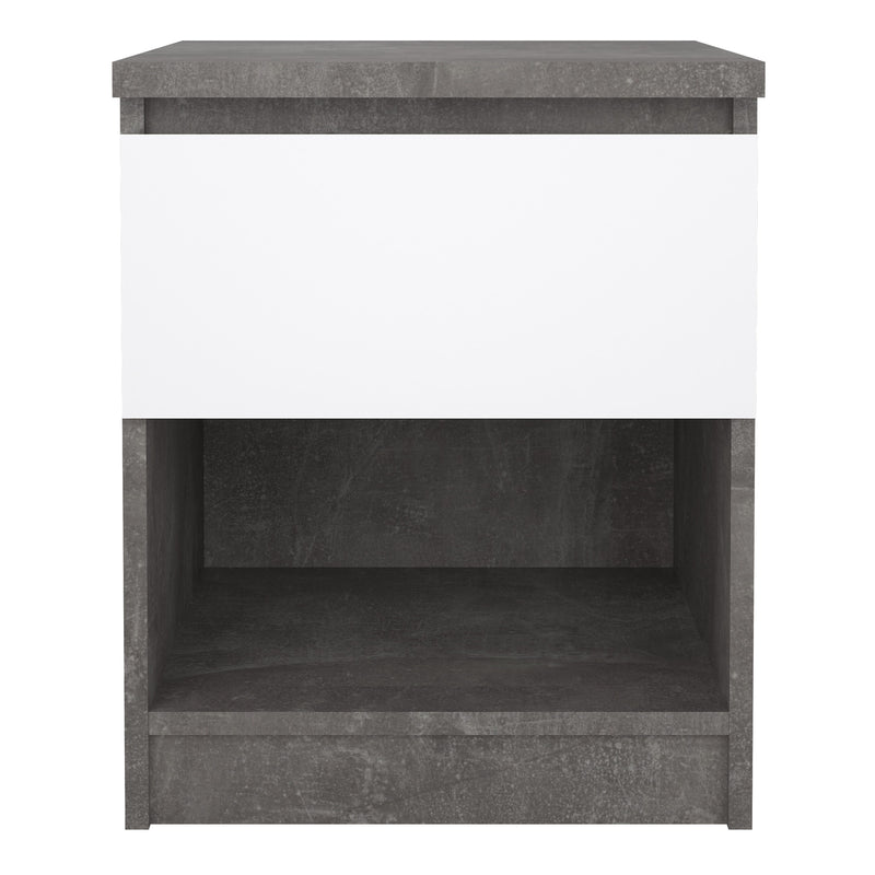 Naia Bedside 1 Drawer 1 Shelf in Concrete and White High Gloss — side angle