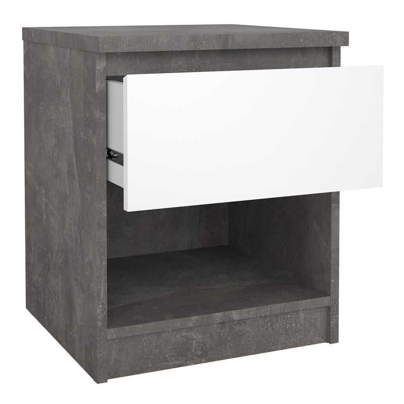 Naia Bedside 1 Drawer 1 Shelf in Concrete and White High Gloss — alternative angle