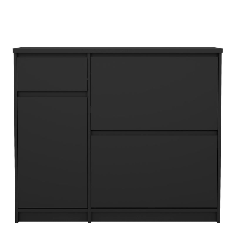 Naia Shoe Cabinet with 2 Flip Down Doors 1 Door and 1 Drawer in Black Matt — side angle
