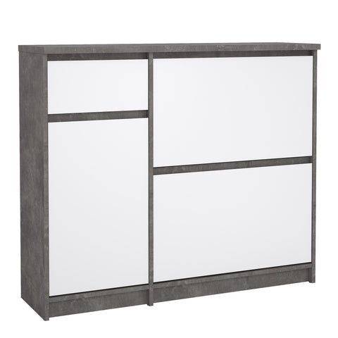 Naia Shoe Cabinet with 2 Flip Down Doors 1 Door and 1 Drawer in Concrete and White High Gloss — front view
