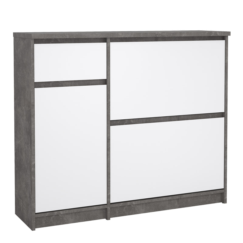 Naia Shoe Cabinet with 2 Flip Down Doors 1 Door and 1 Drawer in Concrete and White High Gloss — front view