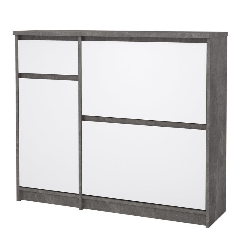Naia Shoe Cabinet with 2 Flip Down Doors 1 Door and 1 Drawer in Concrete and White High Gloss — detail view