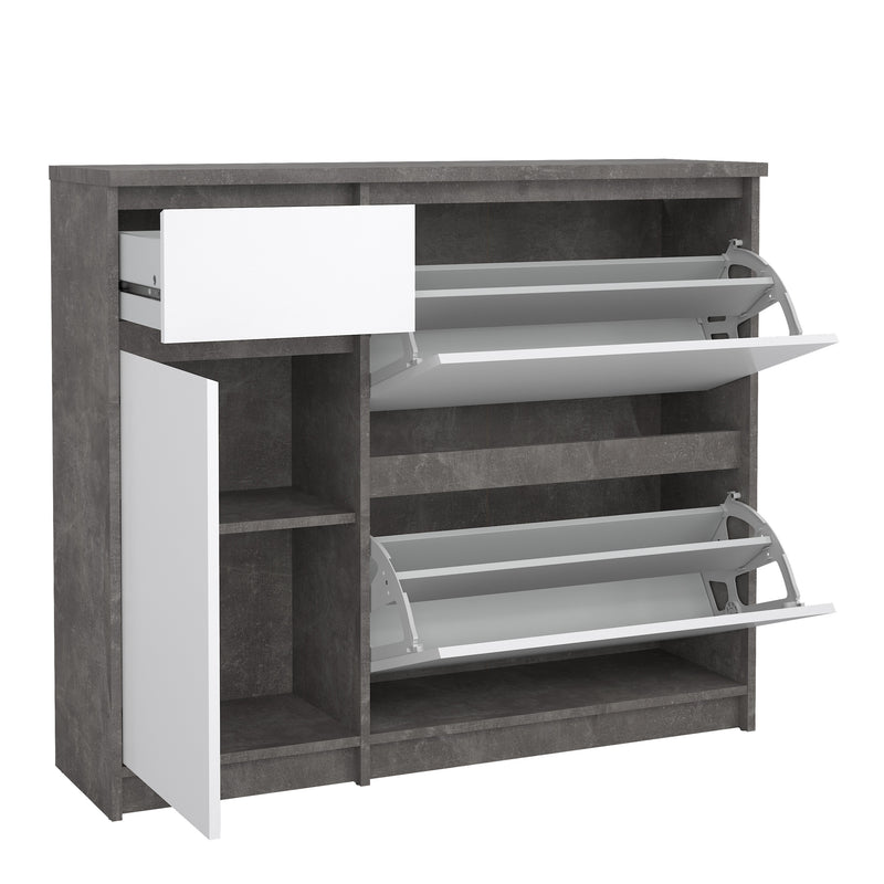 Naia Shoe Cabinet with 2 Flip Down Doors 1 Door and 1 Drawer in Concrete and White High Gloss — lifestyle setting