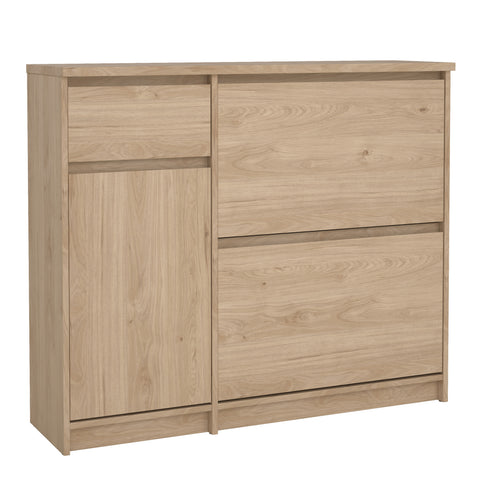 Naia Shoe Cabinet with 2 Flip Down Doors 1 Door and 1 Drawer in Jackson Hickory Oak — front view