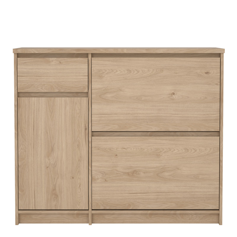 Naia Shoe Cabinet with 2 Flip Down Doors 1 Door and 1 Drawer in Jackson Hickory Oak — side angle