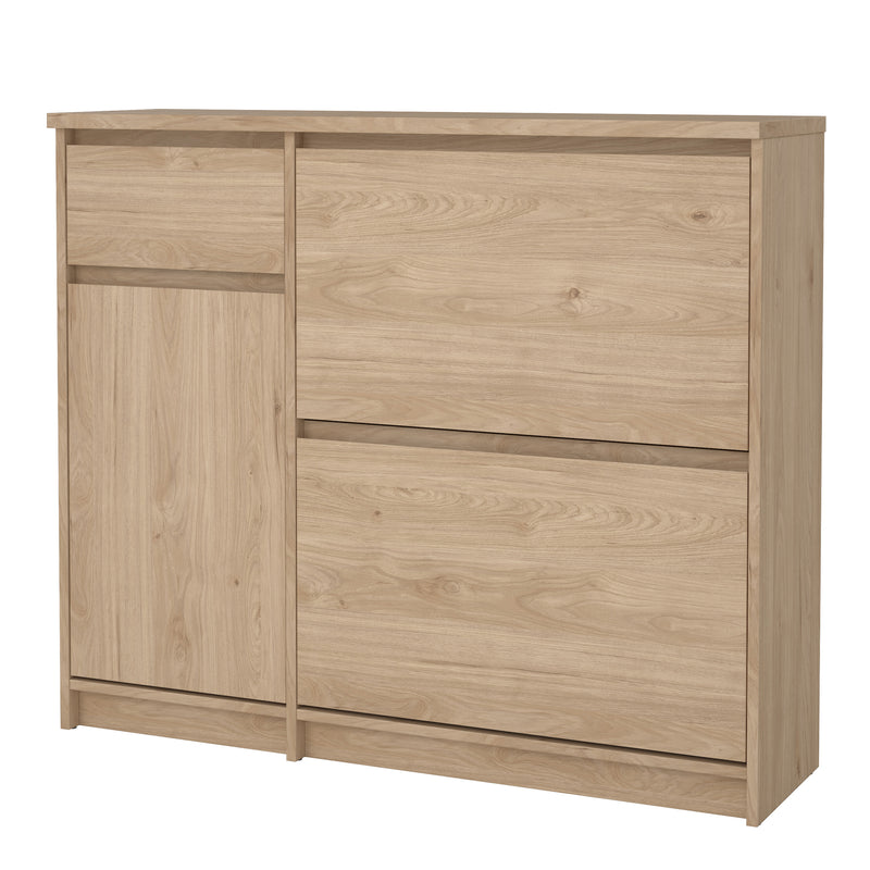 Naia Shoe Cabinet with 2 Flip Down Doors 1 Door and 1 Drawer in Jackson Hickory Oak — detail view