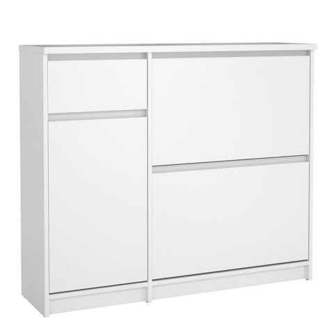 Naia Shoe Cabinet with 2 Flip Down Doors 1 Door and 1 Drawer in White High Gloss — front view