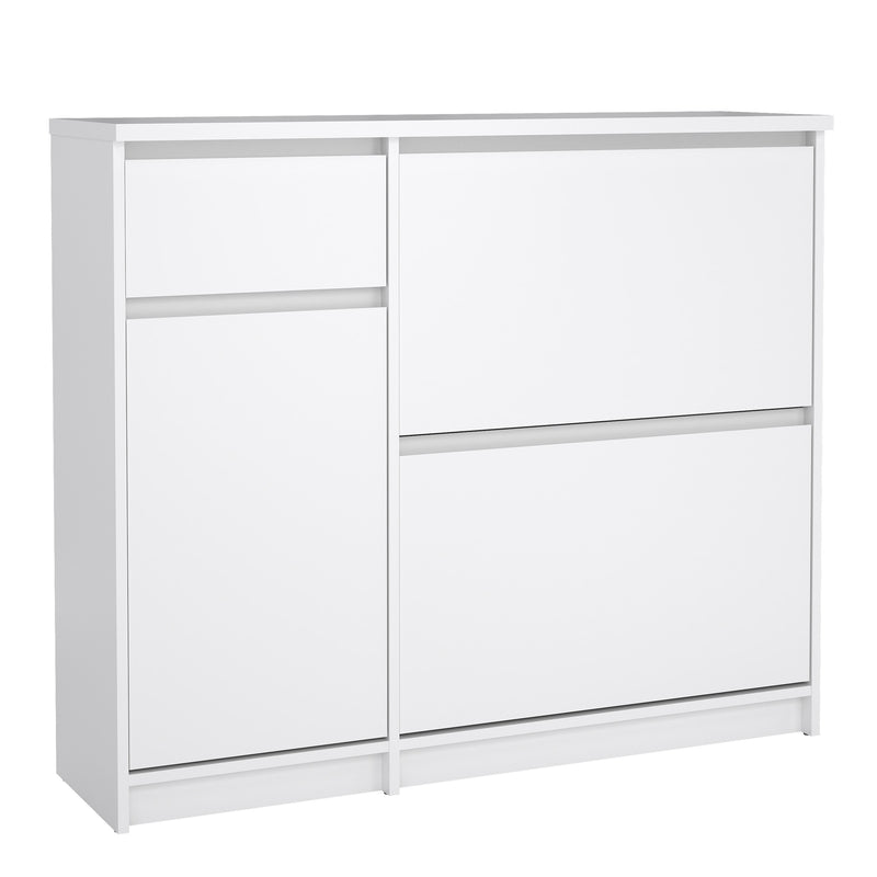 Naia Shoe Cabinet with 2 Flip Down Doors 1 Door and 1 Drawer in White High Gloss — front view