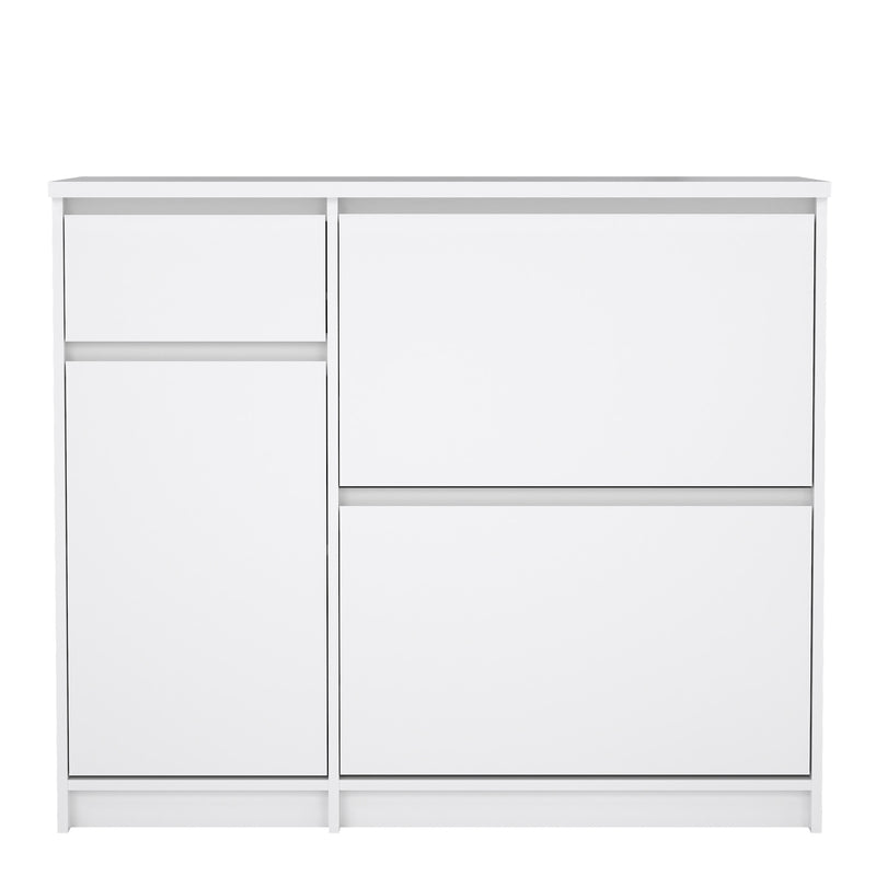 Naia Shoe Cabinet with 2 Flip Down Doors 1 Door and 1 Drawer in White High Gloss — side angle