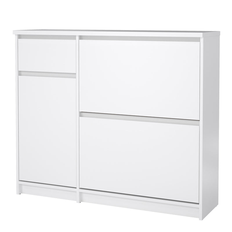 Naia Shoe Cabinet with 2 Flip Down Doors 1 Door and 1 Drawer in White High Gloss — detail view