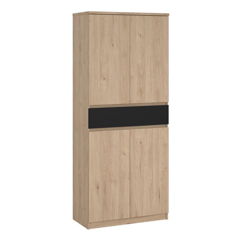 Naia Shoe Cabinet with 4 Doors 1 Drawer in Jackson Hickory Oak and Black — front view