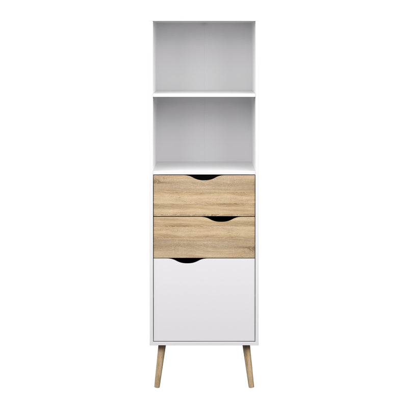 Oslo Bookcase 2 Drawers 1 Door in White and Oak — side angle