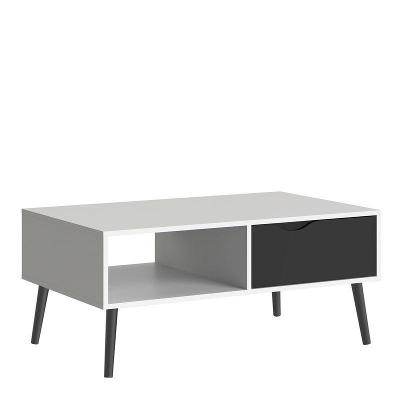 Oslo Coffee Table 1 Drawer 1 Shelf in White and Black Matt — front view