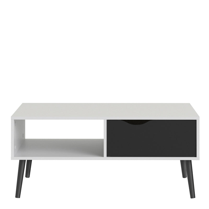 Oslo Coffee Table 1 Drawer 1 Shelf in White and Black Matt — side angle