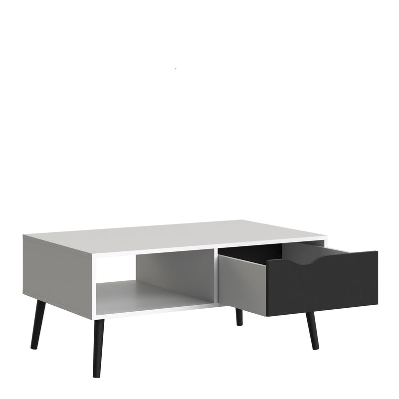 Oslo Coffee Table 1 Drawer 1 Shelf in White and Black Matt — alternative angle